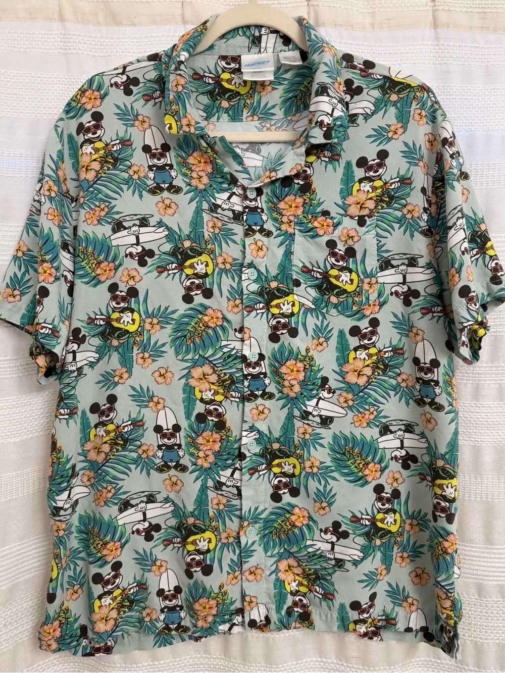 Disney Mint Green Tropical Mickey Mouse Short Sleeve Button-Up Shirt